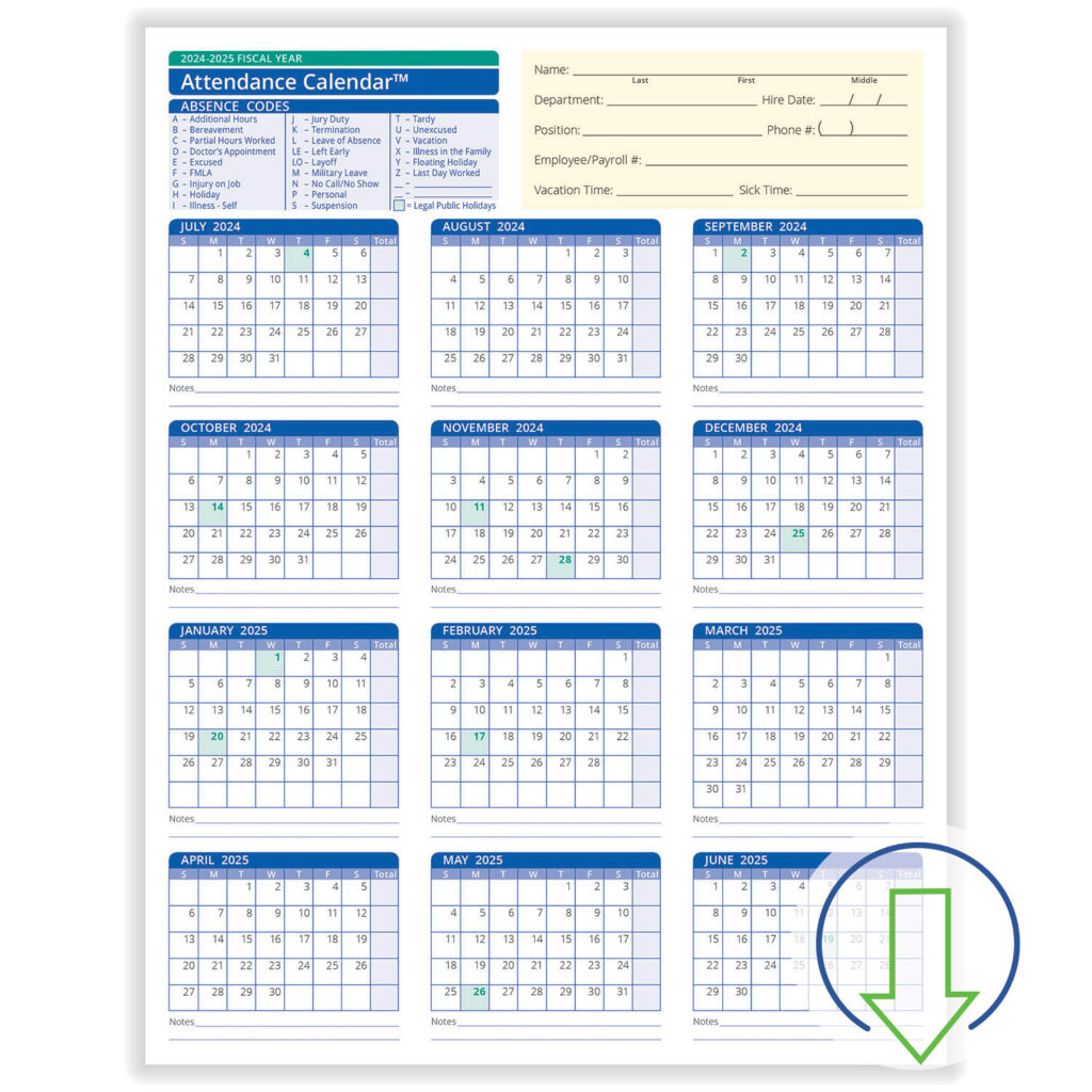 2024 Downloadable Fiscal Year Employee Attendance Calendar | Hrdirect With Free Printable 2025 Employee Attendance Calendar Free Download