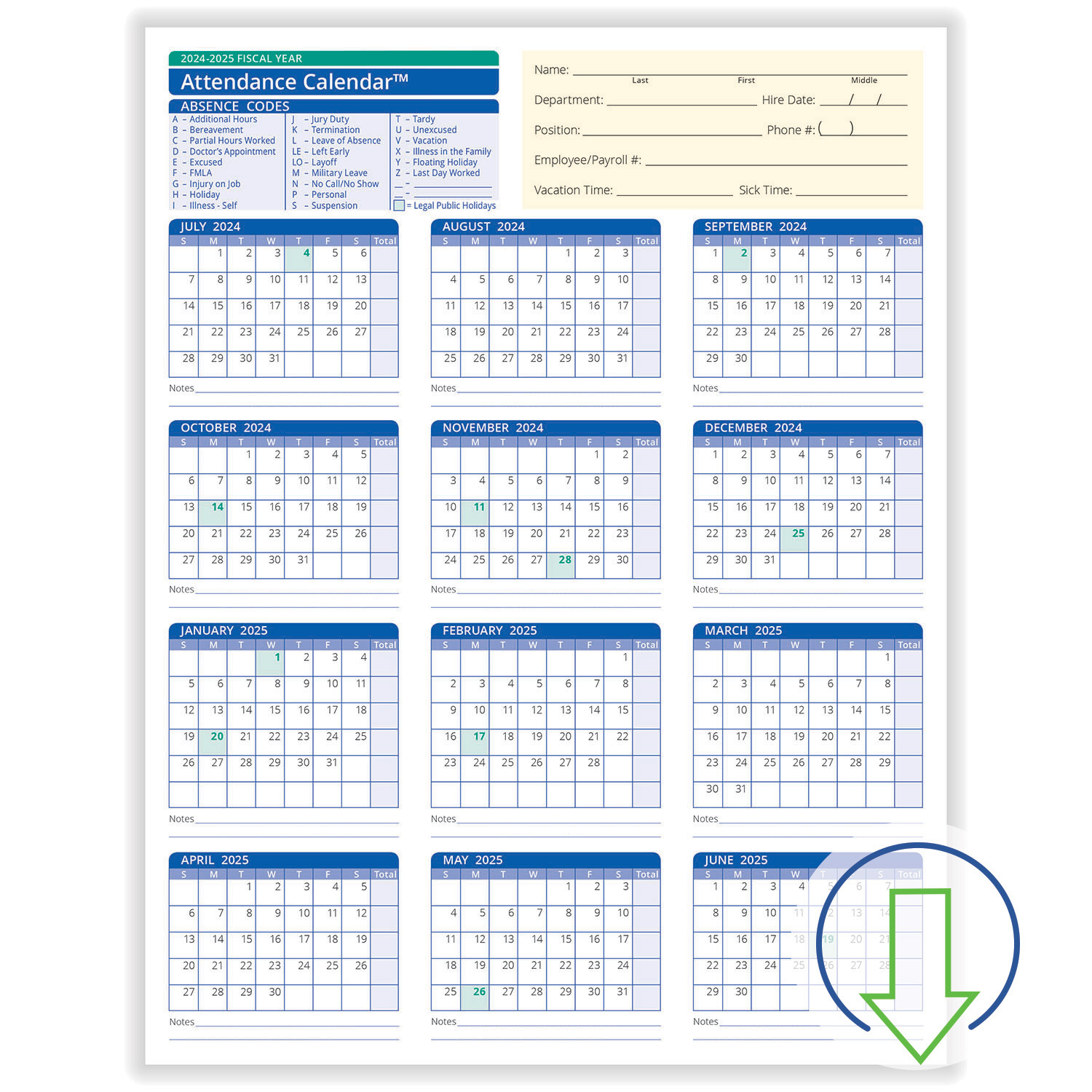 2024 Downloadable Fiscal Year Employee Attendance Calendar | Hrdirect with Free Printable 2025 Employee Attendance Calendar Free Download