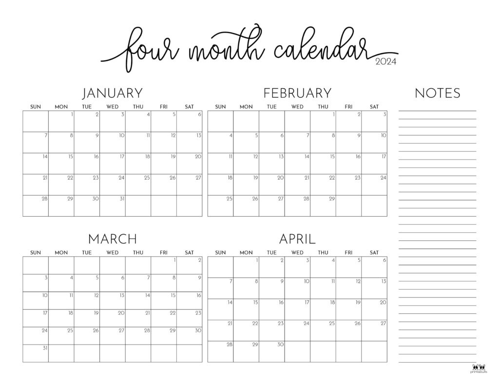 2024 Four Month Calendars - 18 Free Printables | Printabulls in Free Printable Calendar April 2024 to March 2025