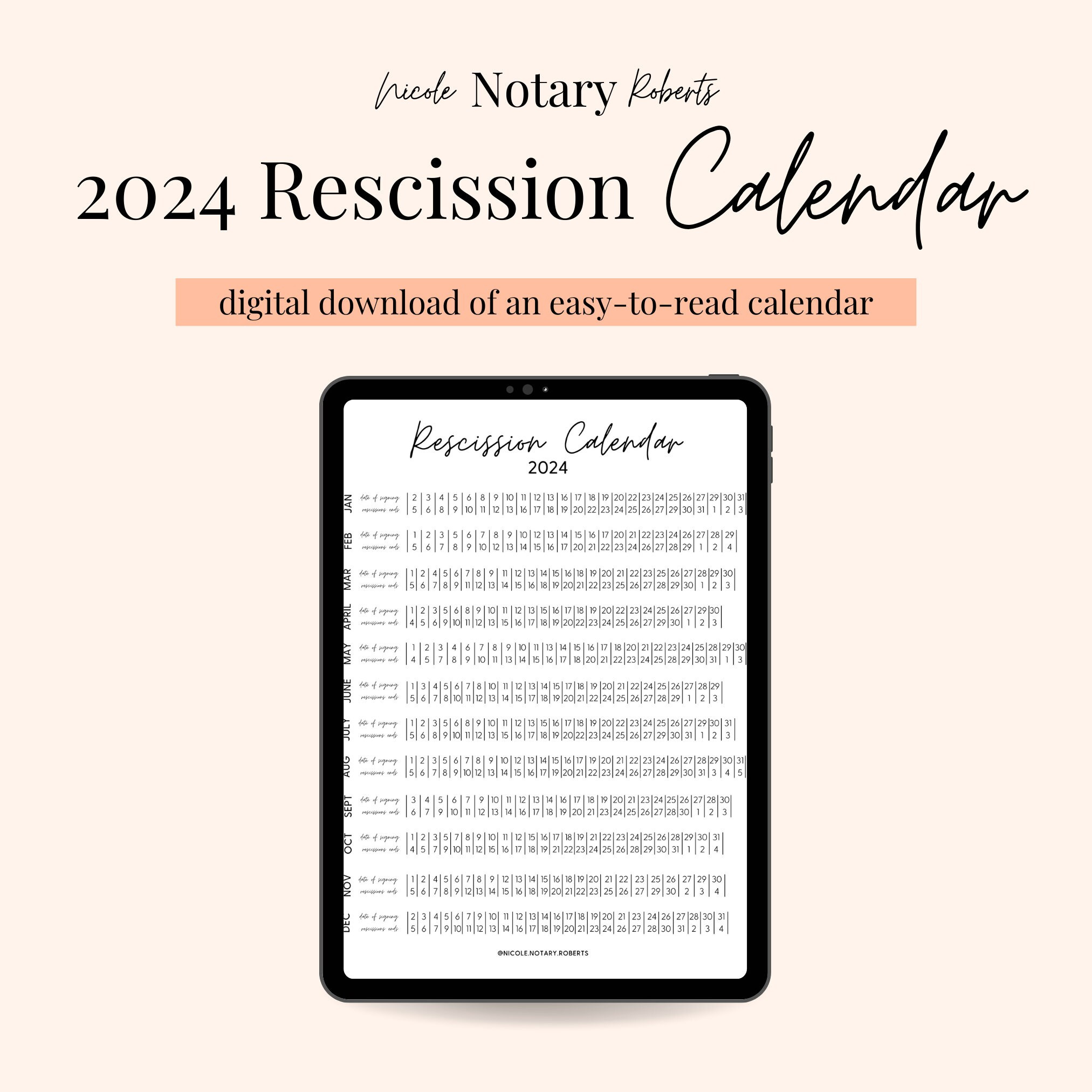 2024 Rescission Calendar For Loan Signings - Etsy Uk throughout 2025 Rescission Calendar Printable