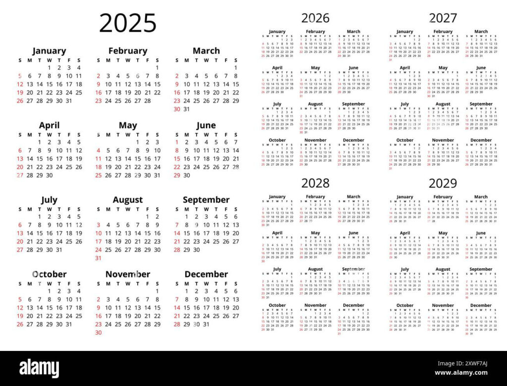 2025, 2026, 2027, 2028, 2029 Years English Calendars With 12 In 5 Year Calendar 2025 To 2029 Printable