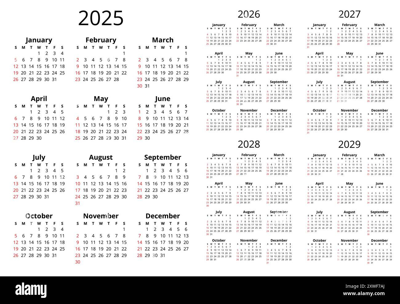 2025, 2026, 2027, 2028, 2029 Years English Calendars With 12 in 5 Year Calendar 2025 to 2029 Printable