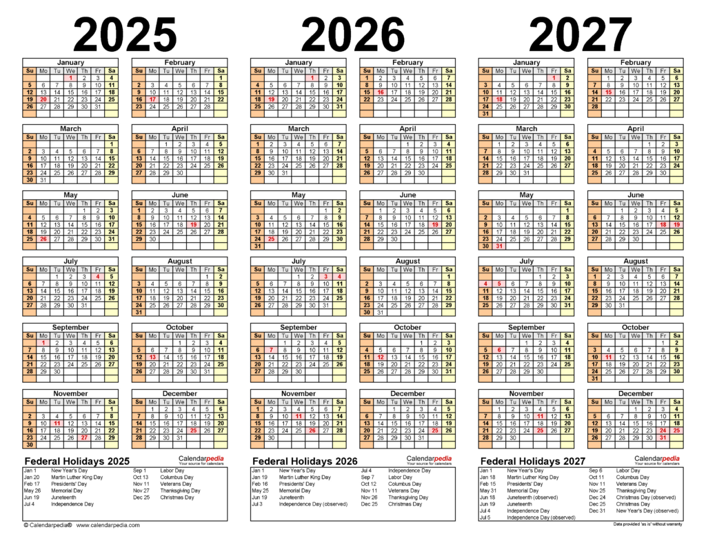 2025 2027 Three Year Calendar   Free Printable Word Templates Throughout 5 Year Calendar 2025 To 2029 Printable