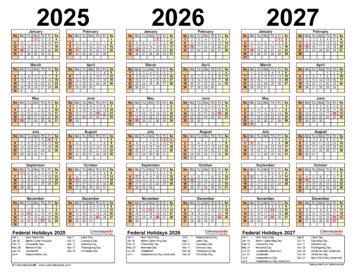 5 Year Calendar 2025 to 2029 Printable