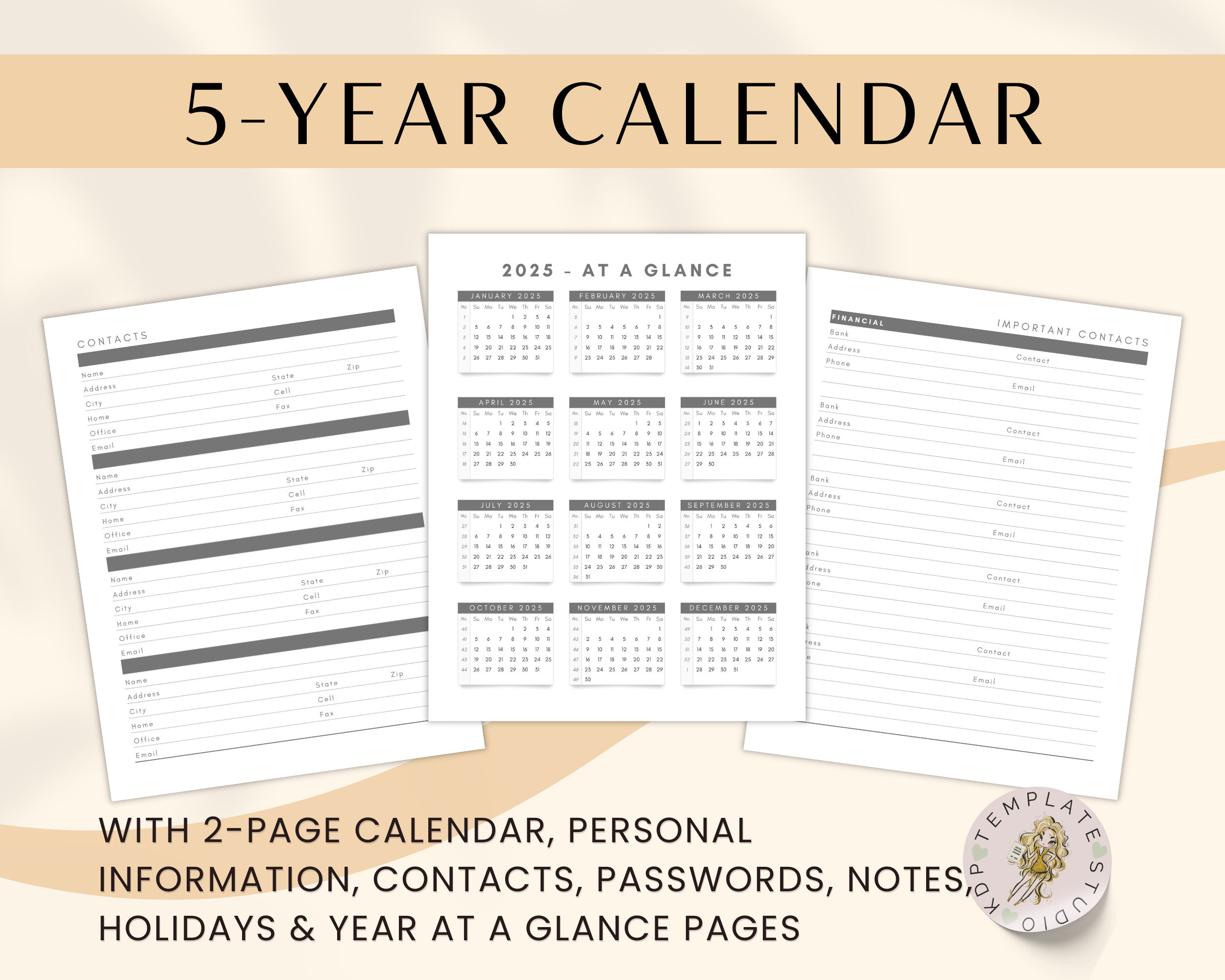 2025-2029 5-Year Planner Template, 8.5X11, Kdp Interior, Long Term inside 5 Year Calendar 2025 To 2029 Printable