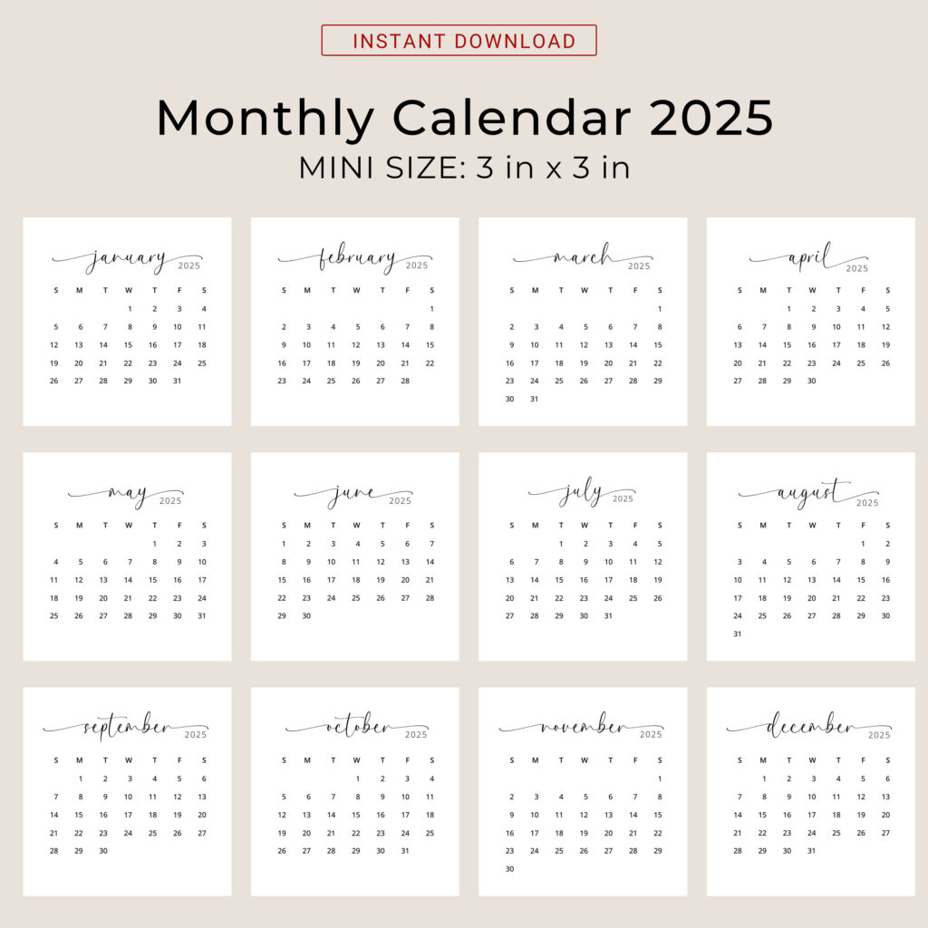 2025 3X3 Mini Calendar 2025 Calendar Card 2025 Pocket Calendar Elegant  Printable Calendar Mini 3X3 Inch Calendar Pdf Sunday & Monday Start For 2025 Mini Calendar Printable