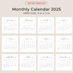 2025 3X3 Mini Calendar 2025 Calendar Card 2025 Pocket Calendar Elegant  Printable Calendar Mini 3X3 Inch Calendar Pdf Sunday & Monday Start For 2025 Mini Calendar Printable