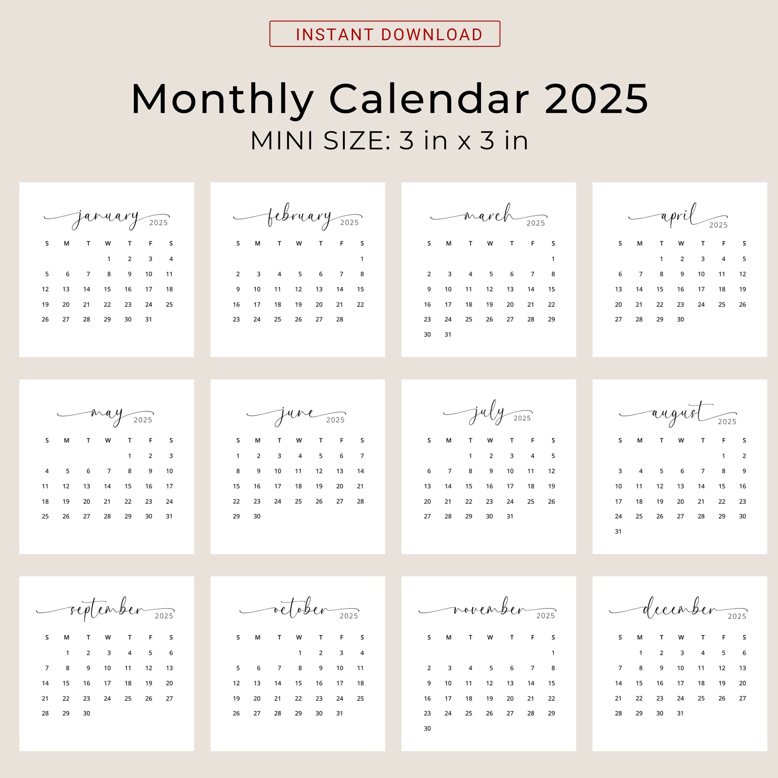 2025 3X3 Mini Calendar 2025 Calendar Card 2025 Pocket Calendar Elegant Printable Calendar Mini 3X3 Inch Calendar Pdf Sunday &amp;amp; Monday Start for 2025 Mini Calendar Printable