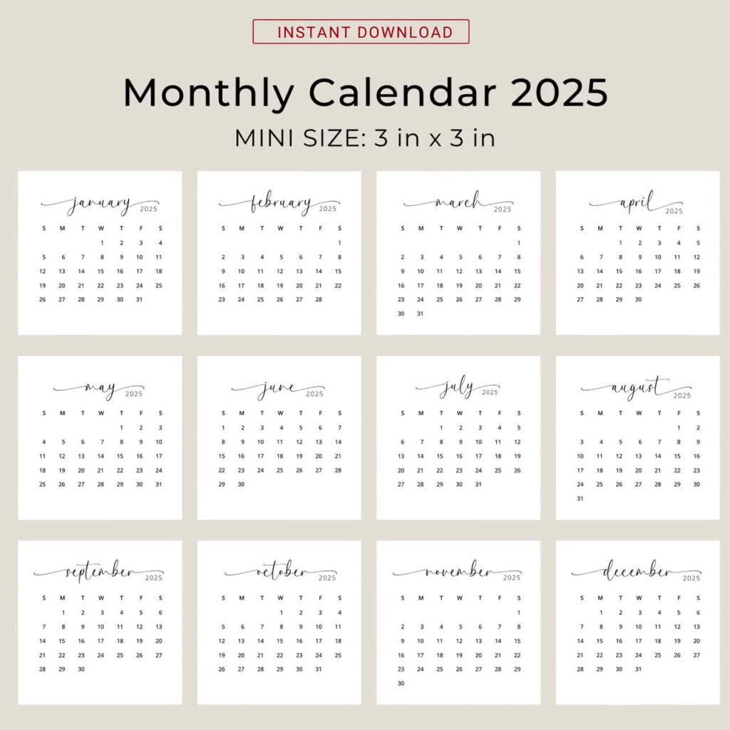 2025 3X3 Mini Calendar 2025 Calendar Card 2025 Pocket Calendar Elegant  Printable Calendar Mini 3X3 Inch Calendar Pdf Sunday & Monday Start For Pocket Calendar 2025 Printable