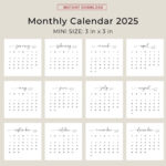 2025 3X3 Mini Calendar 2025 Calendar Card 2025 Pocket Calendar Elegant  Printable Calendar Mini 3X3 Inch Calendar Pdf Sunday & Monday Start For Pocket Calendar 2025 Printable