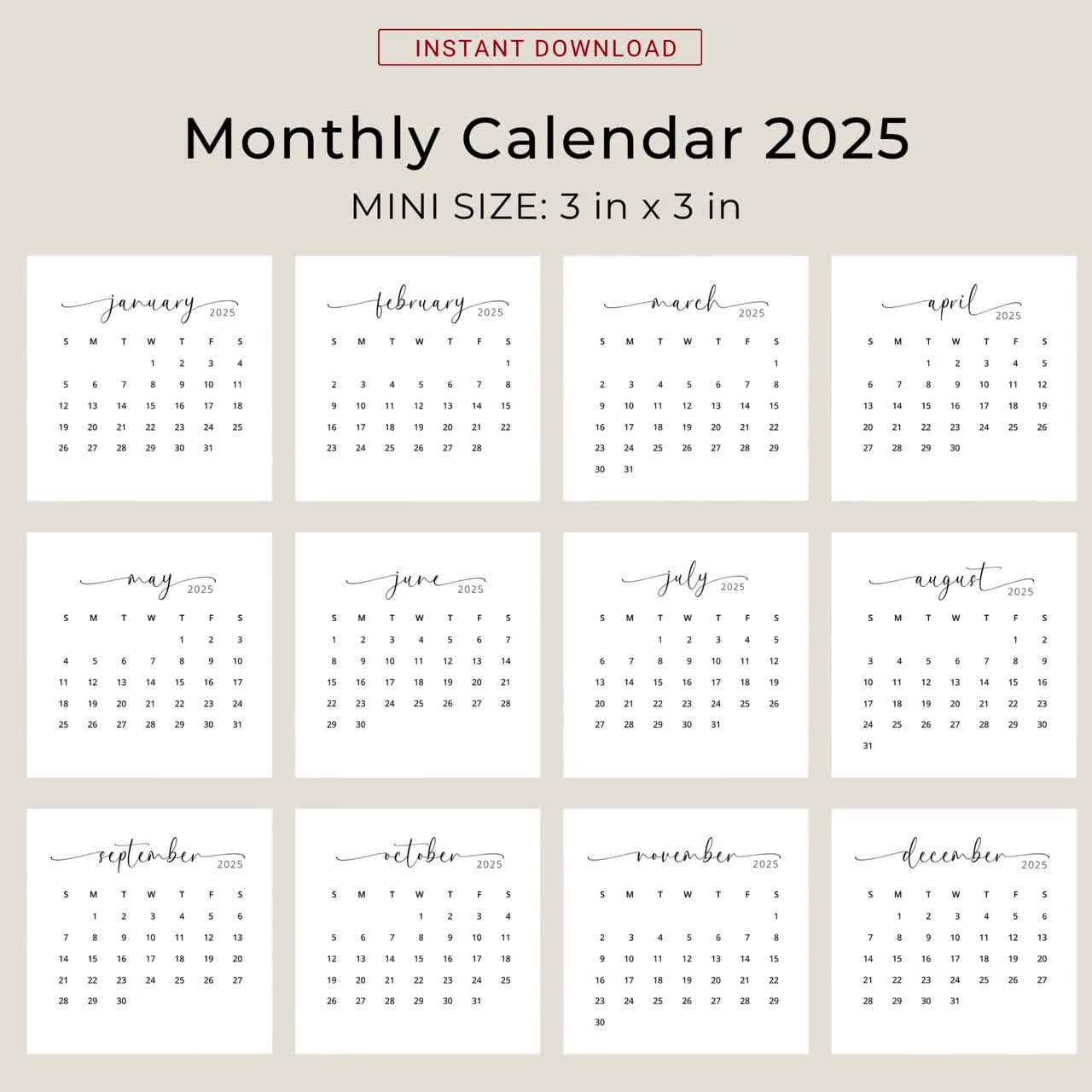 2025 3X3 Mini Calendar 2025 Calendar Card 2025 Pocket Calendar Elegant Printable Calendar Mini 3X3 Inch Calendar Pdf Sunday &amp;amp; Monday Start for Pocket Calendar 2025 Printable