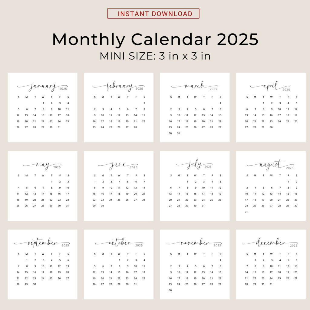 2025 3X3 Mini Calendar 2025 Calendar Card 2025 Pocket Calendar Elegant  Printable Calendar Mini 3X3 Inch Calendar Pdf Sunday & Monday Start In Mini 2025 Calendar Printable