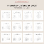 2025 3X3 Mini Calendar 2025 Calendar Card 2025 Pocket Calendar Elegant  Printable Calendar Mini 3X3 Inch Calendar Pdf Sunday & Monday Start In Mini 2025 Calendar Printable