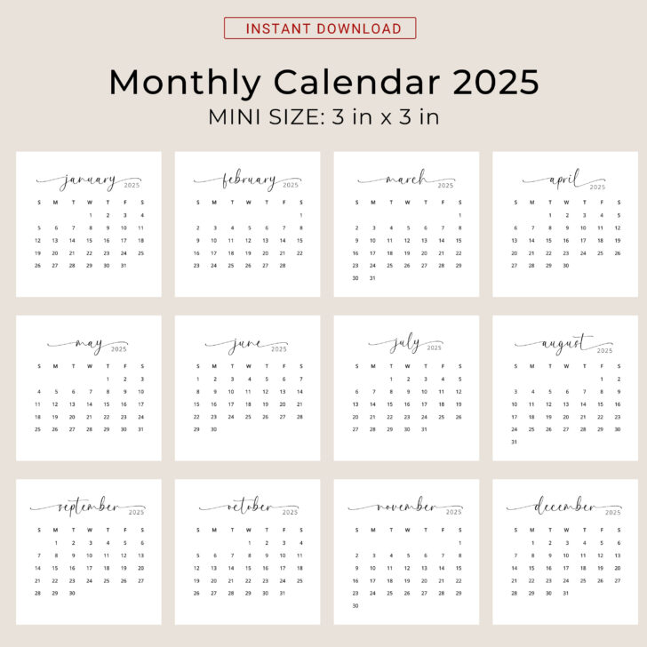 Mini Calendar Printable 2025