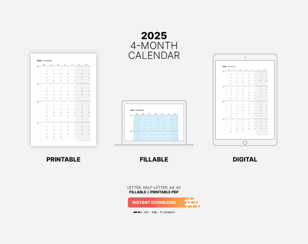 2025 4 Month Calendar, Fillable Dream Life & Work Productivity Intended For 4 Month Calendar 2025 Printable