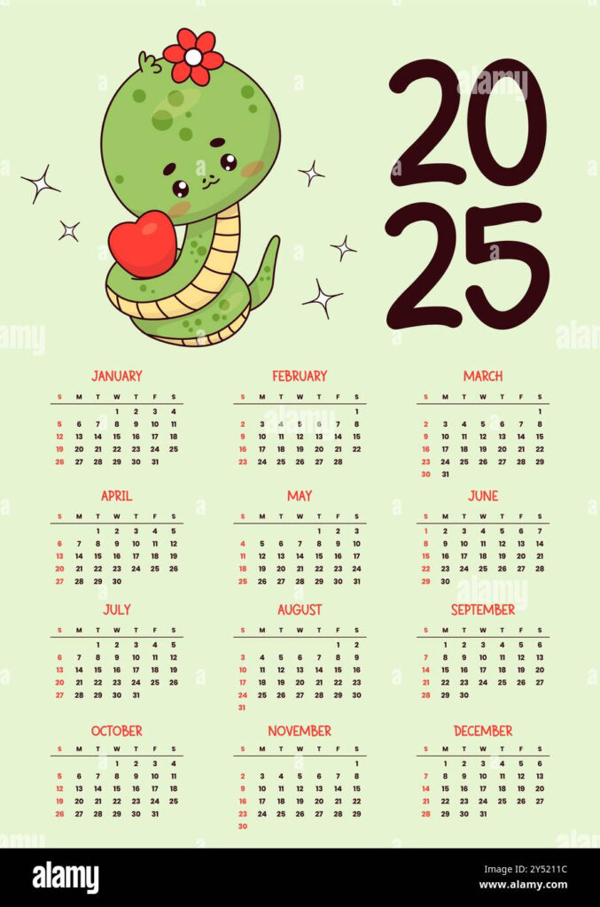 2025 Annual Calendar. Cute Snake Girl With Heart. Funny Kawaii Regarding Funny Printable Calendar 2025