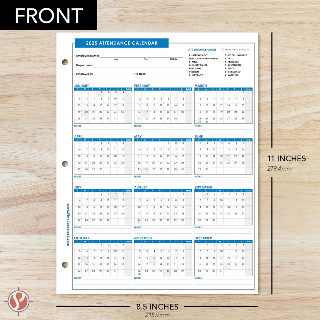 2025 Attendance Calendar Card Stock Paper – Great Employee Work Tracker |  Printed On Durable And Thick 80Lb (216Gsm) Cardstock | 8 ½ X 11 | 25 Sheets For Attendance Calendar 2025 Printable