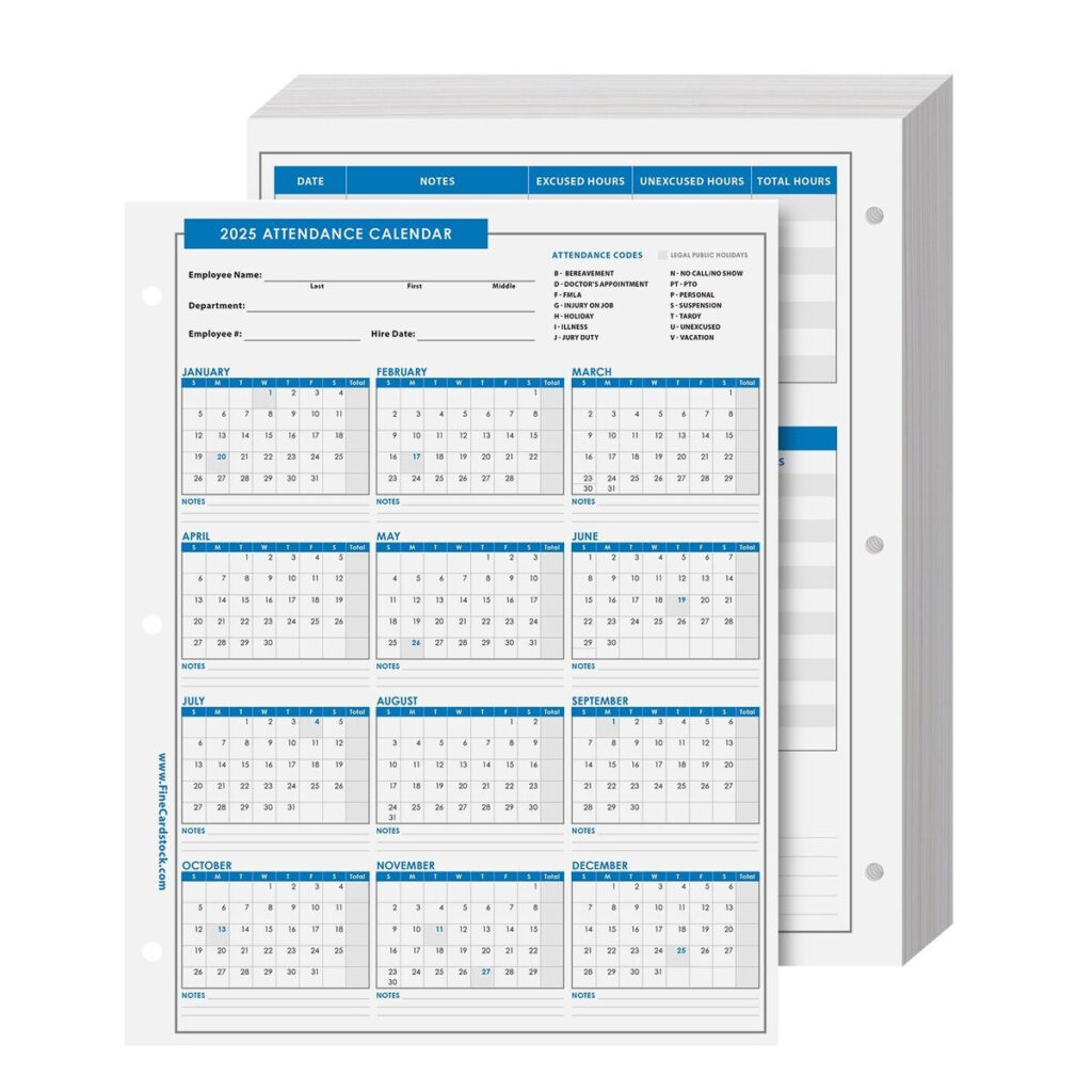 2025 Attendance Calendar Cardstock, Employee Work Tracker, 8.5 X 11, 25 Qty Inside Attendance Calendar 2025 Printable