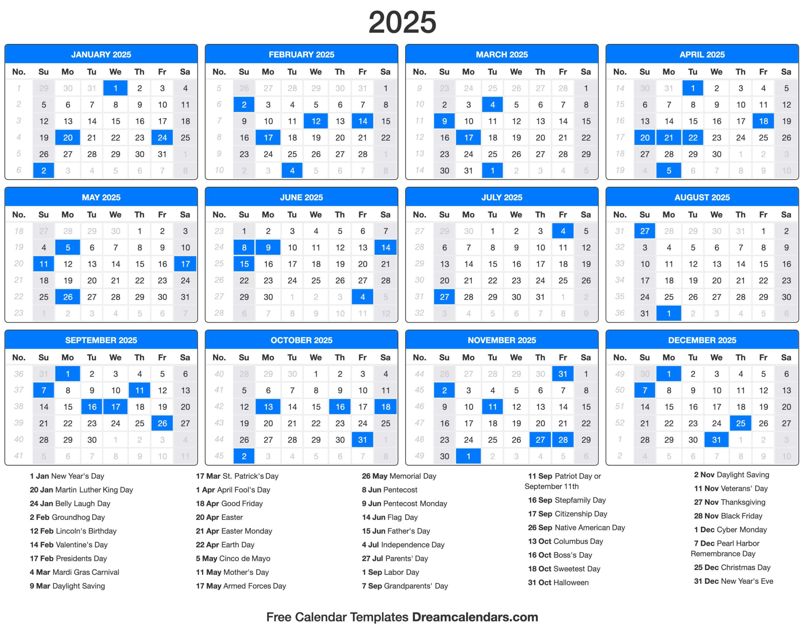 2025 Calendar for Printable Holiday Calendar 2025