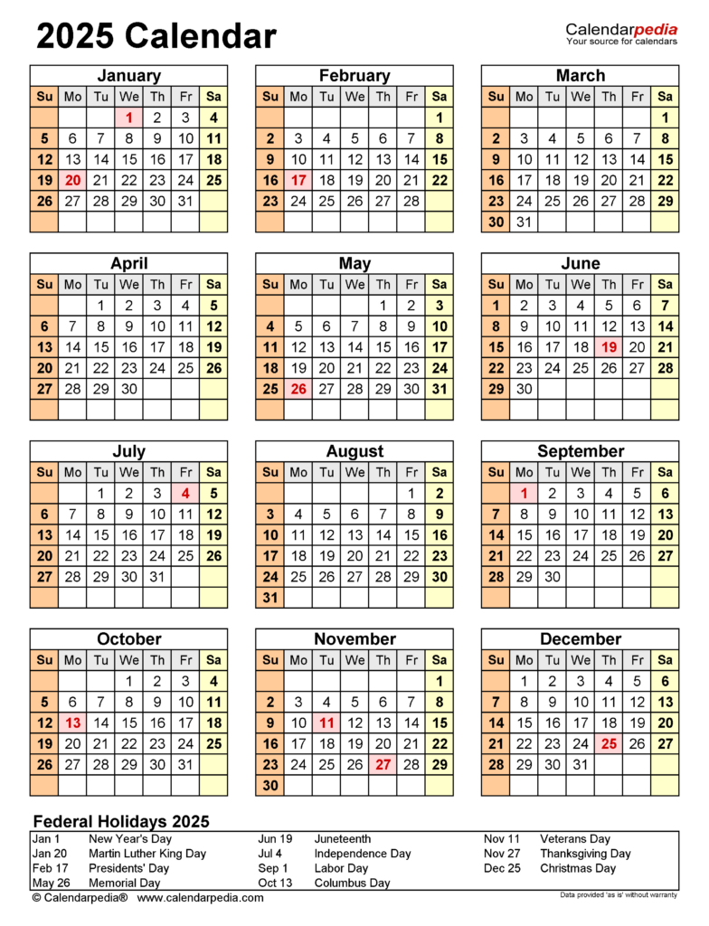 2025 Calendar   Free Printable Pdf Templates   Calendarpedia Throughout Printable 2025 Pocket Calendar