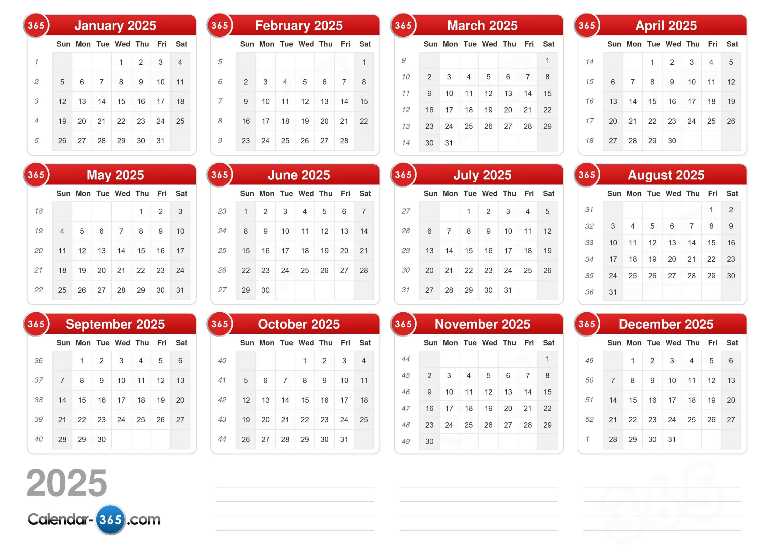 2025 Calendar in Printable Calendar 2025 with Week Numbers