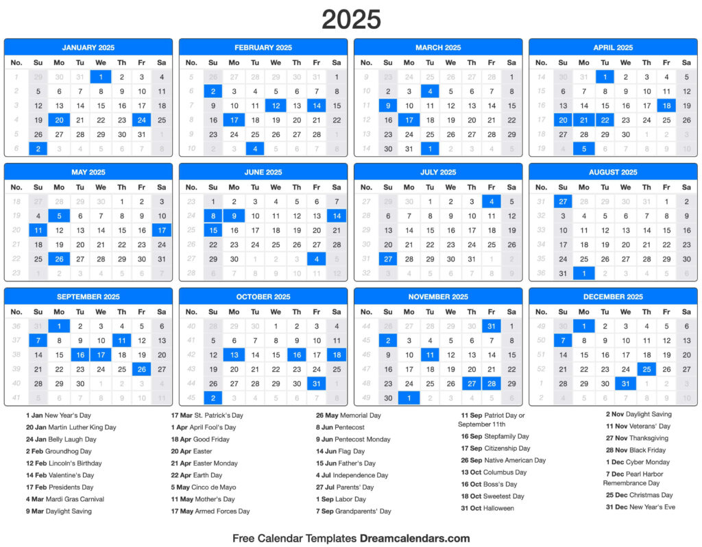 2025 Calendar Inside 2025 Yearly Calendar With Holidays Printable