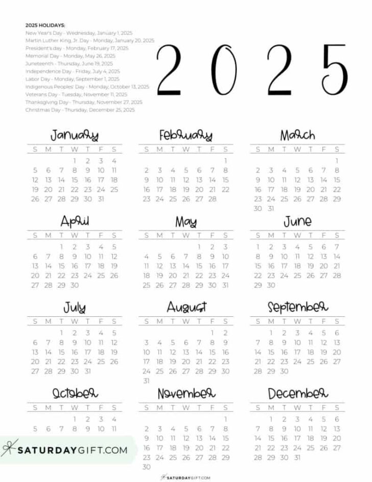 2025 Year Printable Calendar