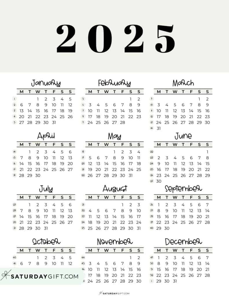 2025 Calendar Printable - 18 Cute &amp;amp; Free 2025 Yearly Calendar inside Free Printable 2025 Calendar Monday Start