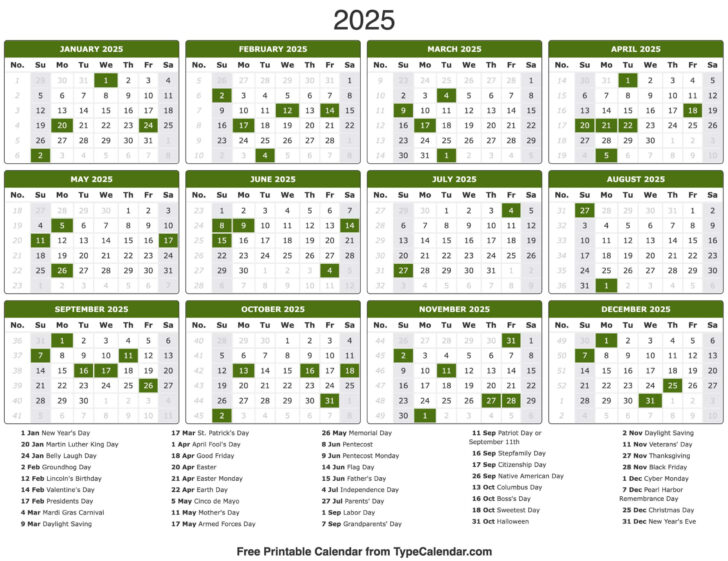 2025 Calendar Holidays Printable