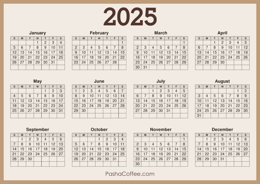 2025 Calendar Printable Free, Horizontal, Beige – Pashacoffee With Regard To 2025 Desk Calendar Printable Free