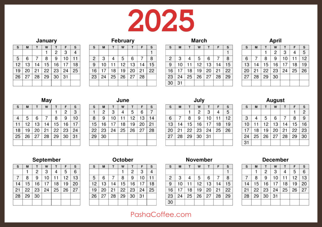 2025 Calendar Printable Free, Horizontal, Brown – Pashacoffee Intended For Horizontal 2025 Calendar Printable