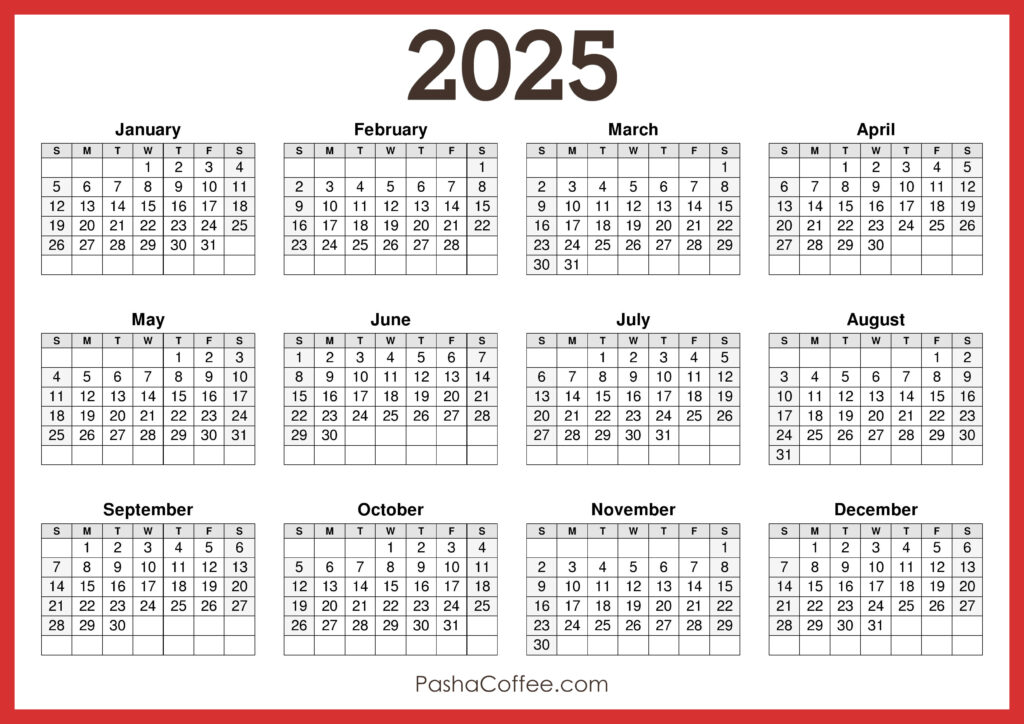 2025 Calendar Printable Free, Horizontal, Red – Pashacoffee Inside 2025 Calendar Horizontal Printable