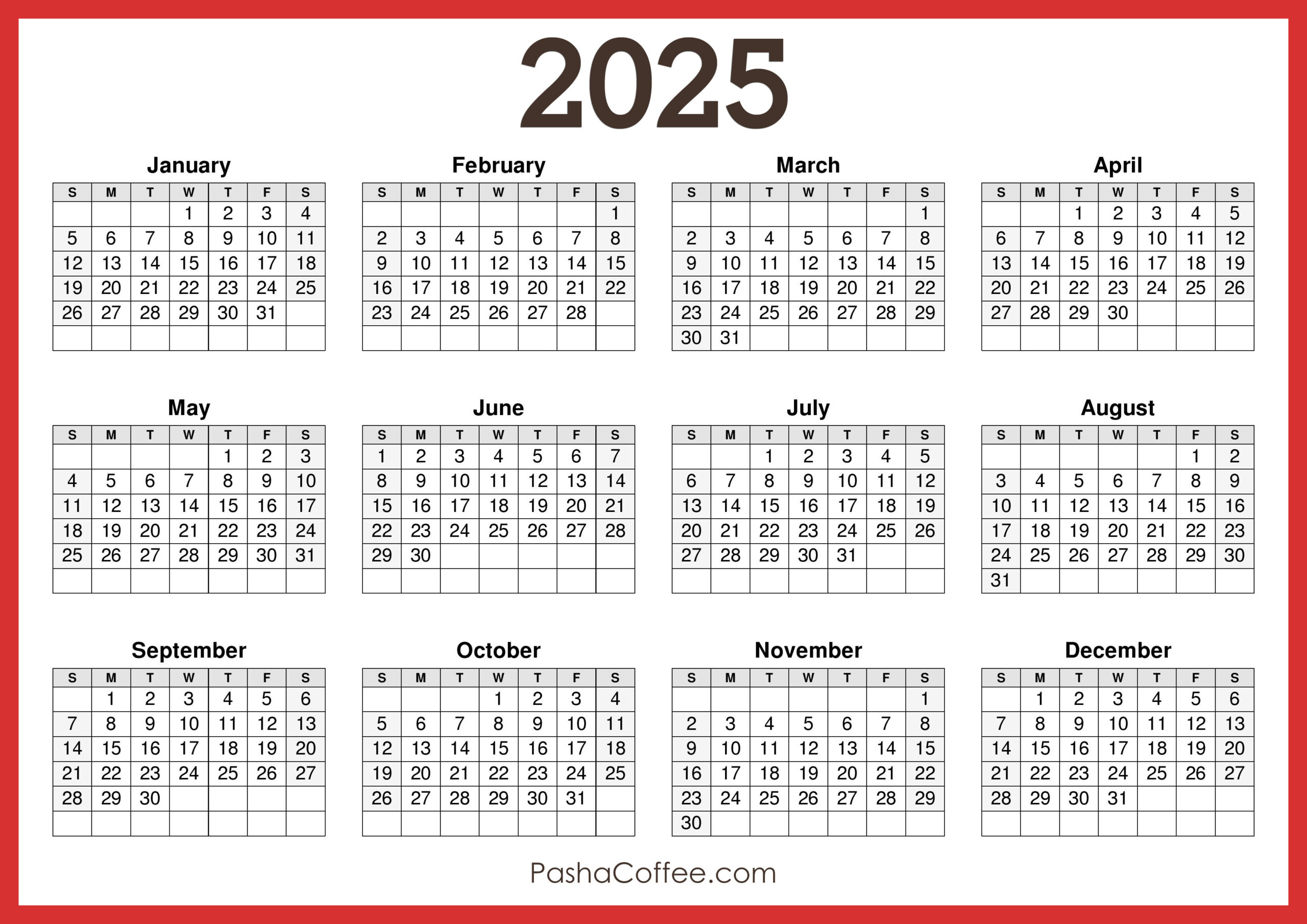 2025 Calendar Printable Free, Horizontal, Red – Pashacoffee inside 2025 Calendar Horizontal Printable