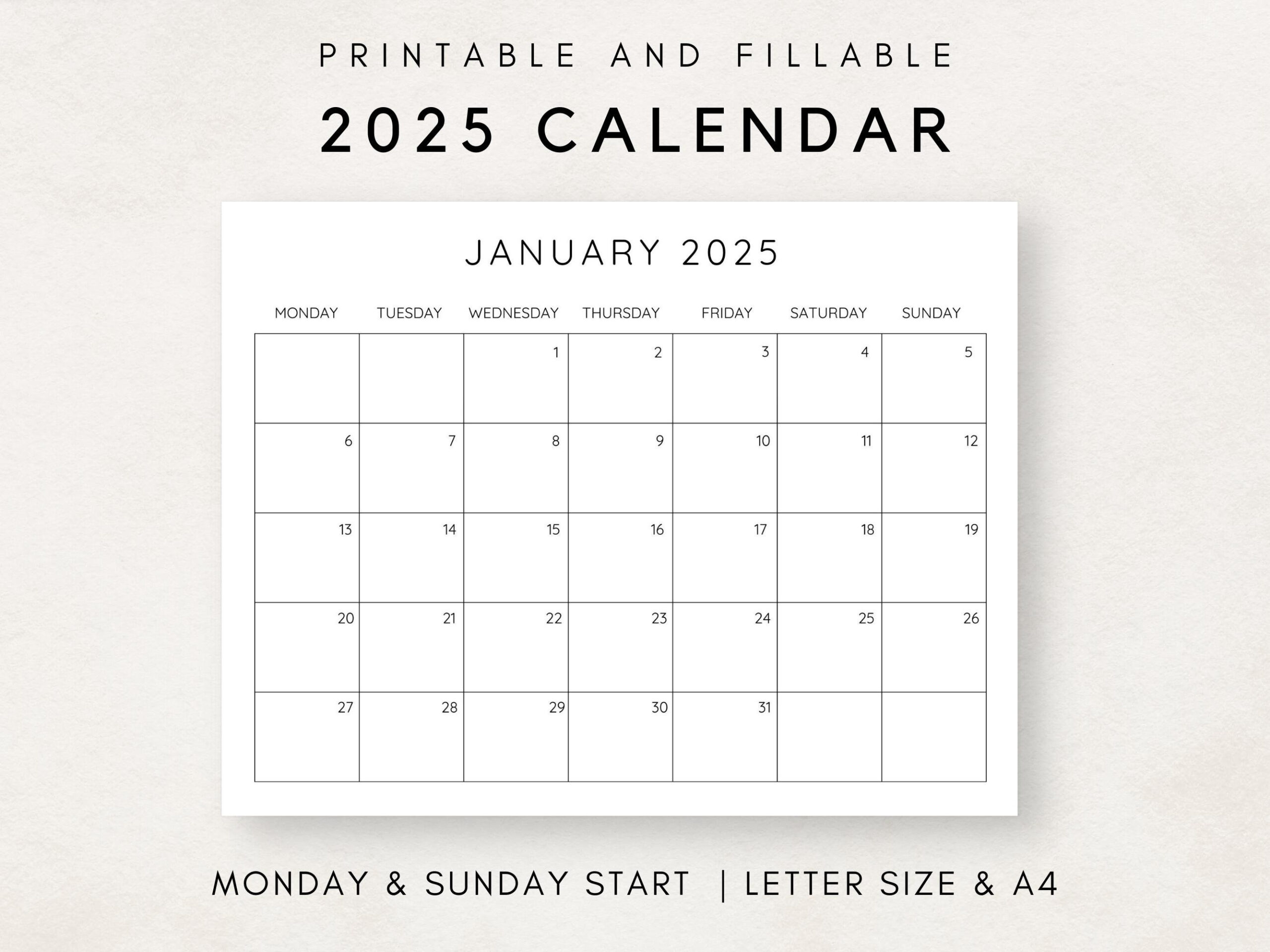 2025 Calendar Printable, Monthly Calendar 2025, Fillable Calendar for Fillable Printable Calendar 2025