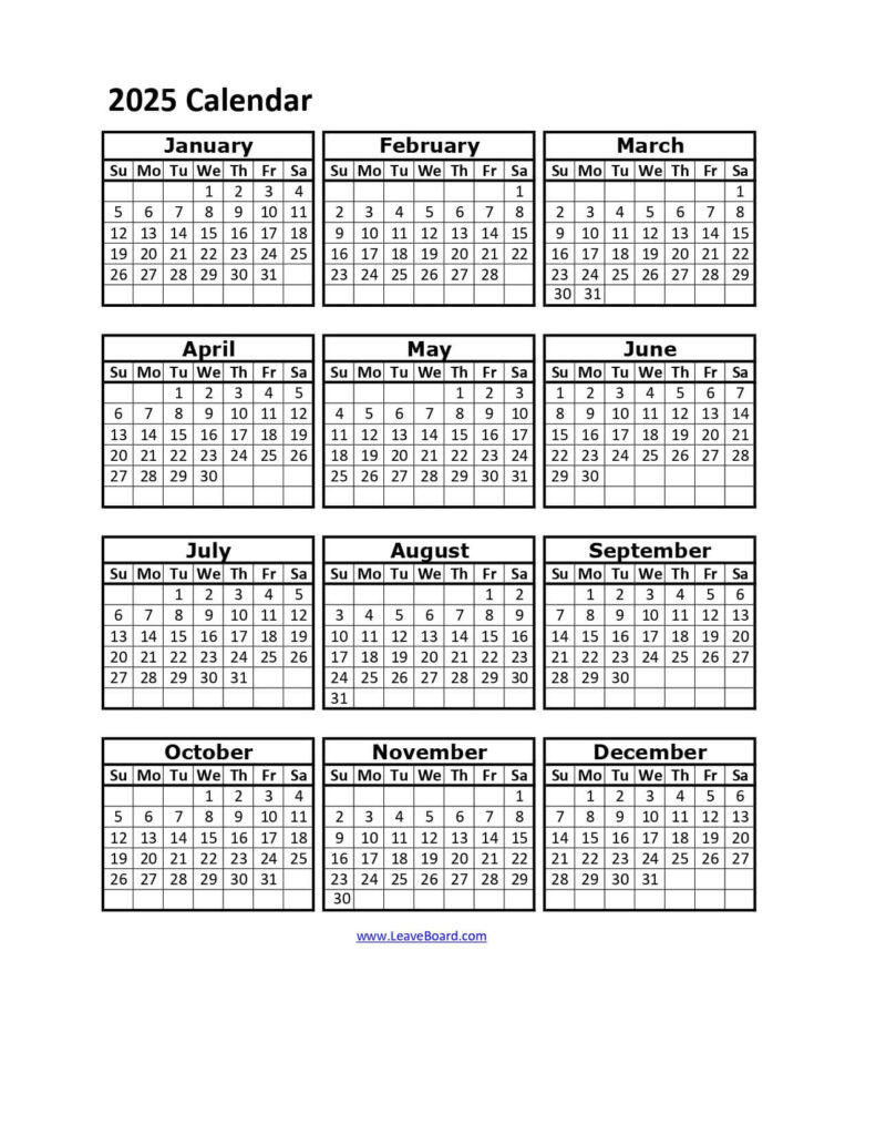 2025 Calendar Printable: Pdf, Excel, With Holidays (Free Download) Intended For Free Printable 2025 Employee Attendance Calendar Free Download