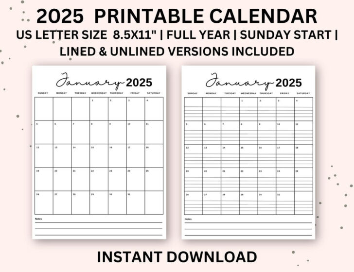 2025 Monthly Calendar Printable with Lines