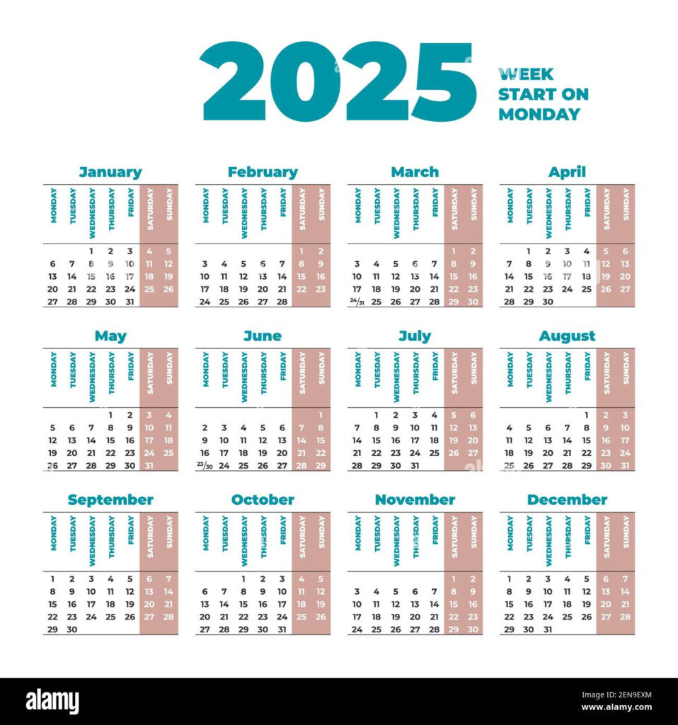 2025 Calendar Template With Weeks Start On Monday Stock Vector In Printable Calendar 2025 Week Starting Monday