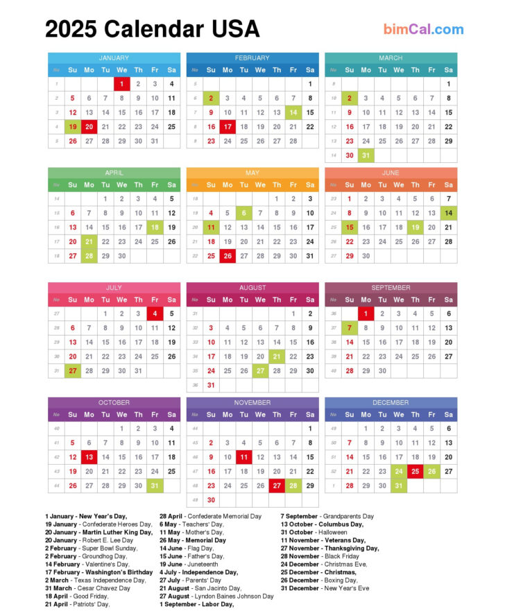 2025 Printable Calendar with Holidays USA