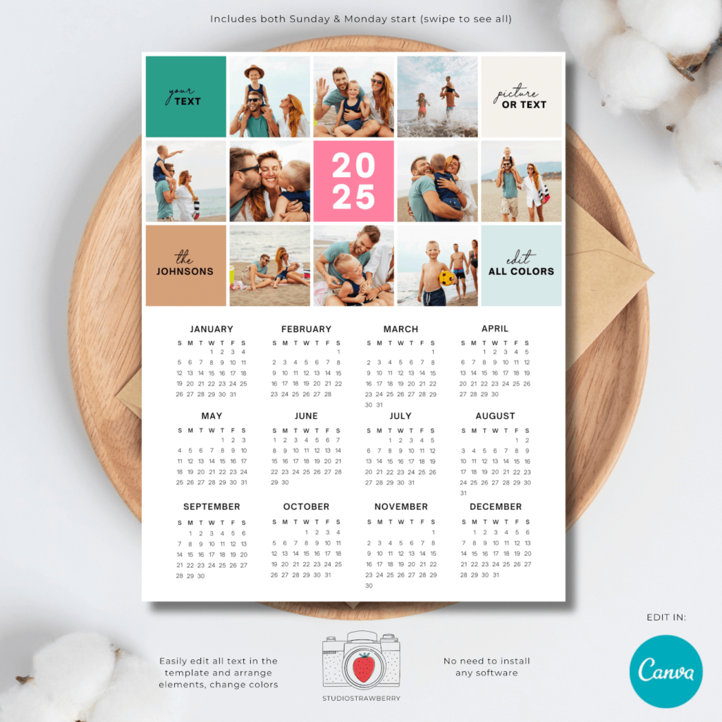 2025 Calendar With Customizable Grid Photo Collage – Strawberry Kit Pertaining To Printable Family Calendar 2025