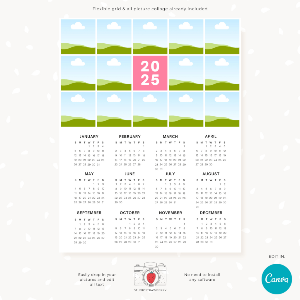 2025 Calendar With Customizable Grid Photo Collage – Strawberry Kit With Printable Custom Calendar 2025