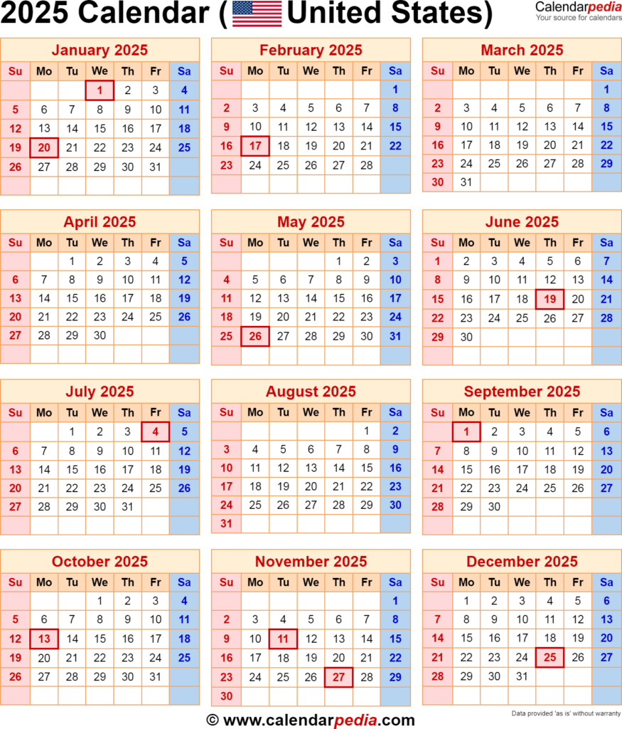 2025 Calendar With Federal Holidays For 2025 Calendar Printable With US Holidays