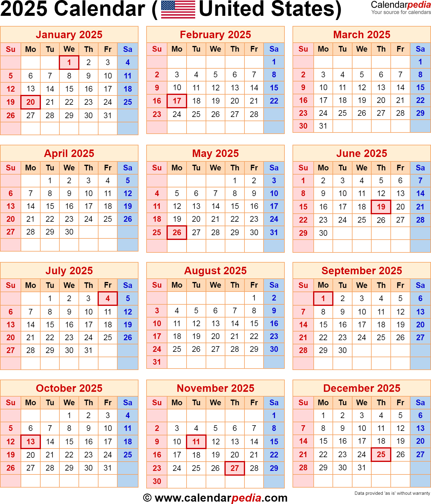 2025 Calendar With Federal Holidays for 2025 Calendar Printable with US Holidays