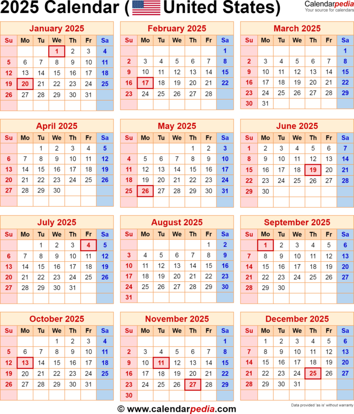 Free Printable Monthly 2025 Calendar with Federal Holidays