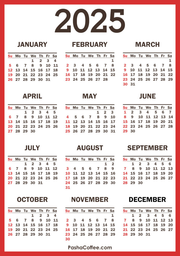 2025 Calendar With Holidays, Printable Free, Vertical, Red For Calendar 2025 With Holidays Printable Free Download