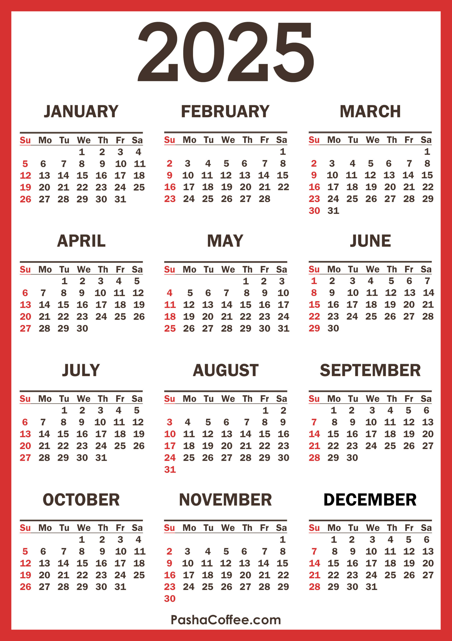 2025 Calendar With Holidays, Printable Free, Vertical, Red for Calendar 2025 With Holidays Printable Free Download