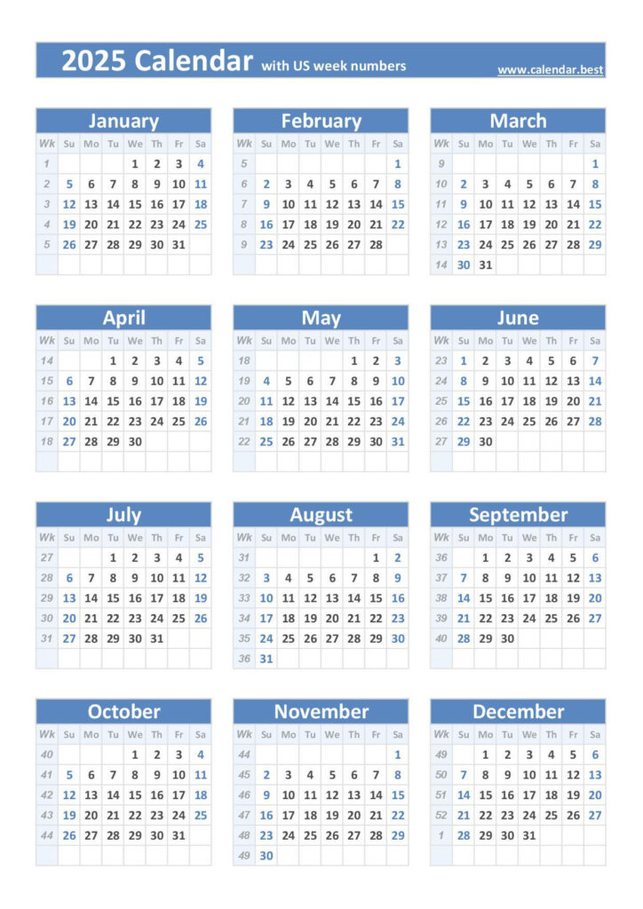 2025 Calendar With Week Numbers (Us And Iso Week Numbers) For Timeshare Calendar 2025 Printable