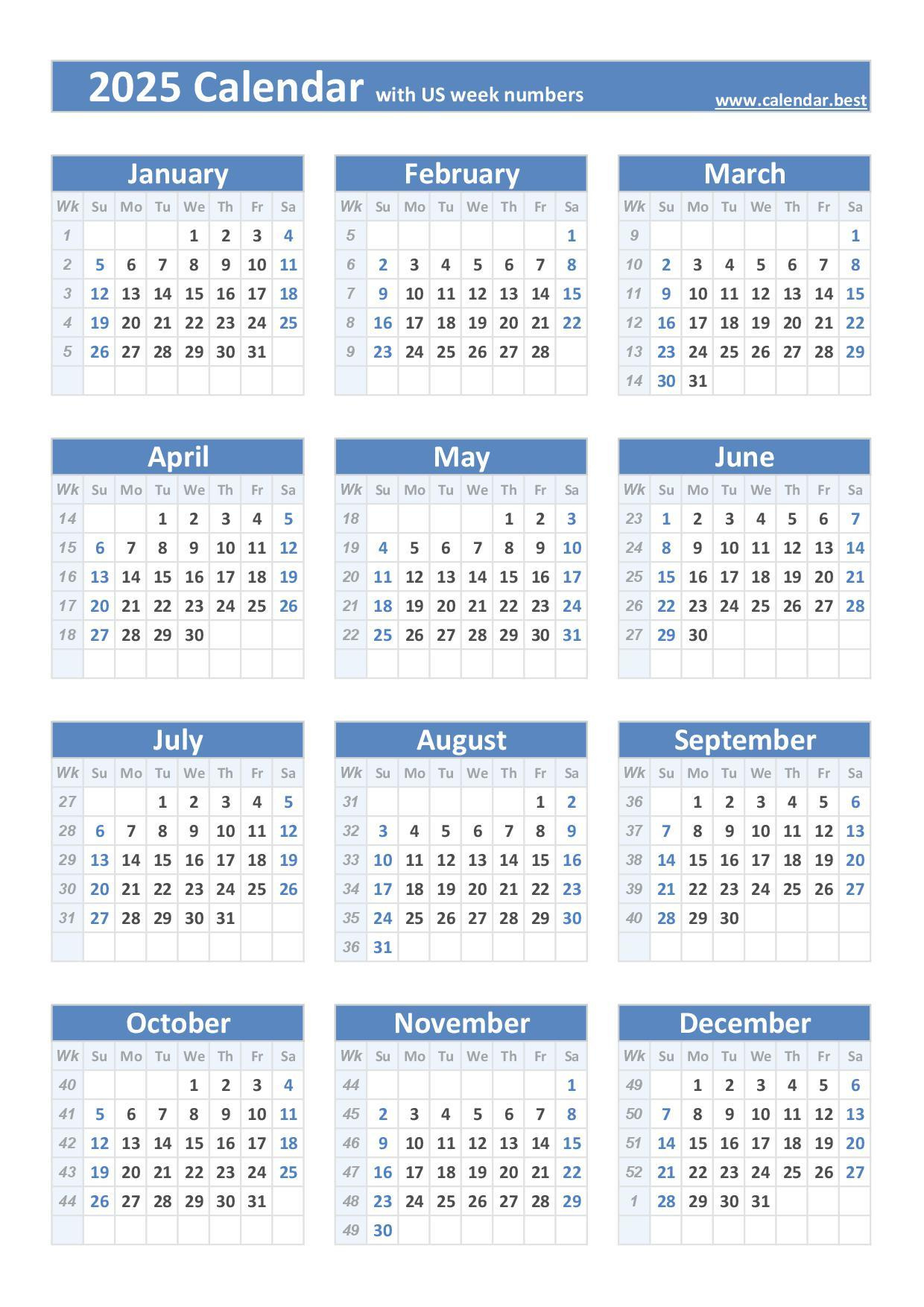 2025 Calendar With Week Numbers (Us And Iso Week Numbers) for Timeshare Calendar 2025 Printable