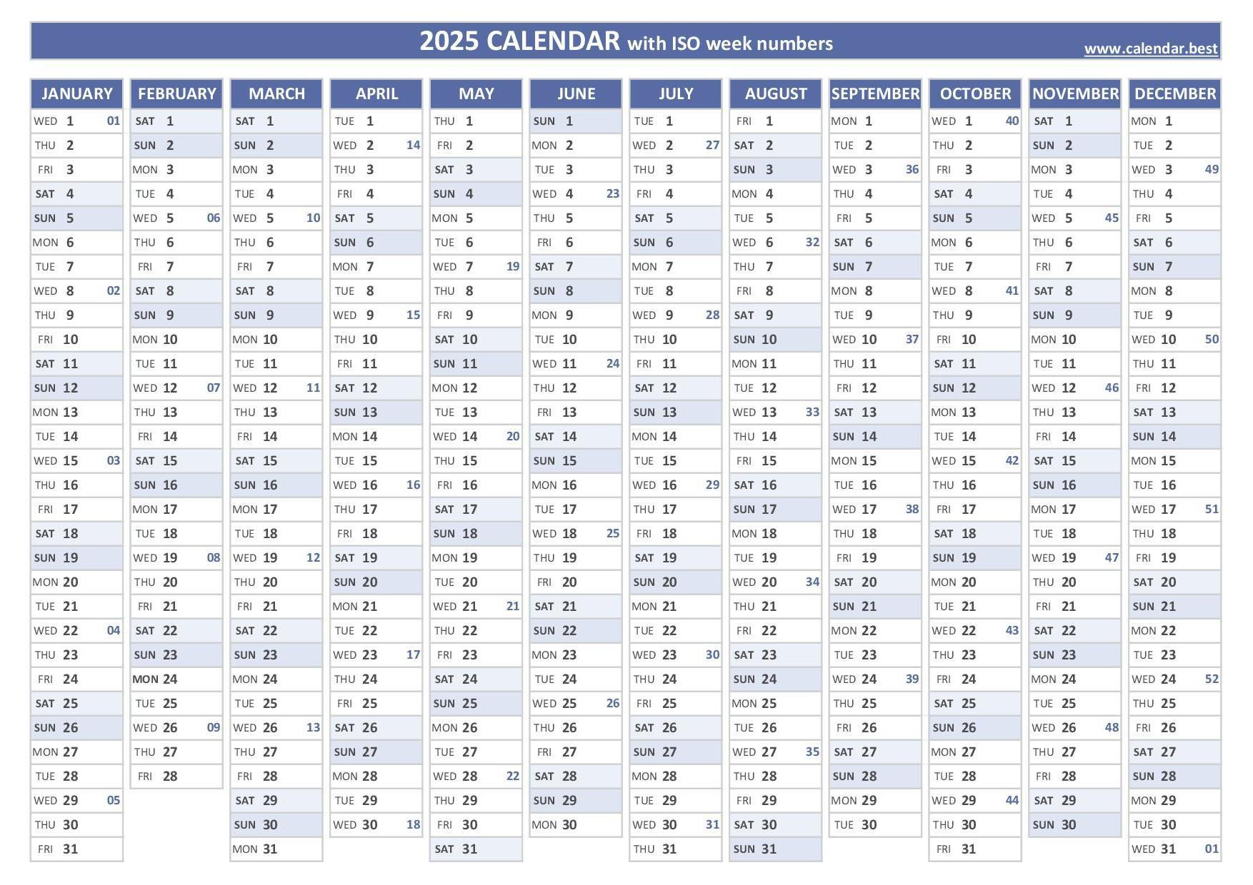 2025 Calendar With Week Numbers (Us And Iso Week Numbers) for Timeshare Calendar 2025 Printable