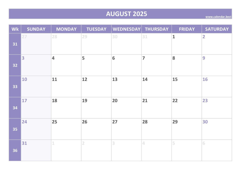 2025 Calendar With Week Numbers (Us And Iso Week Numbers) Throughout Blank August 2025 Calendar Printable