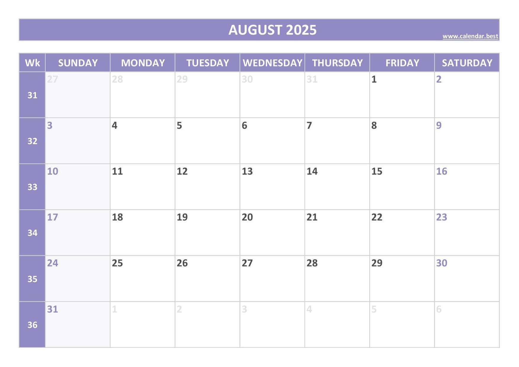 2025 Calendar With Week Numbers (Us And Iso Week Numbers) throughout Blank August 2025 Calendar Printable